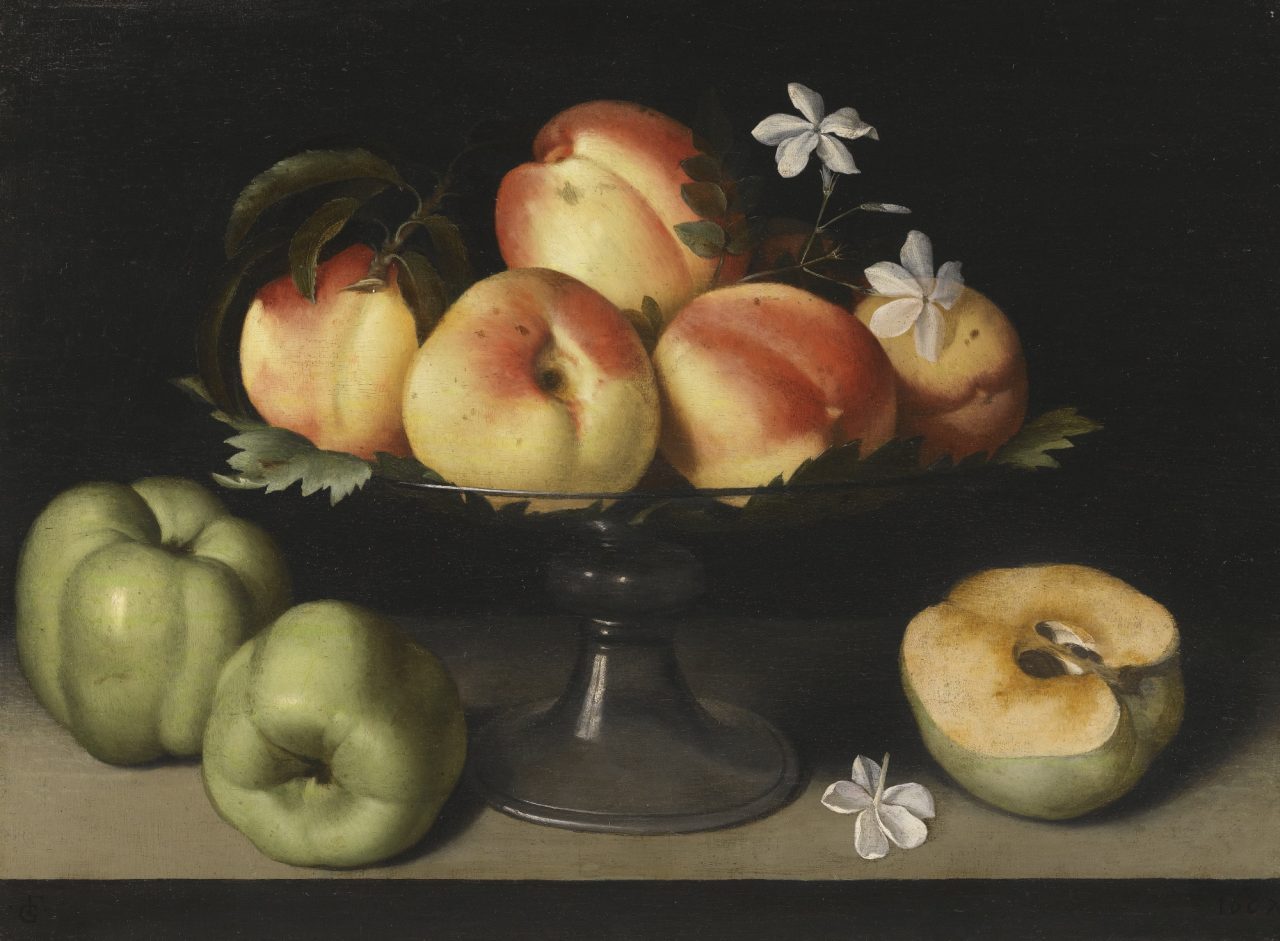 Fede Galizia, A Crystal Fruit Stand with Peaches, Quince and Jasmine Flowers, Private Collection