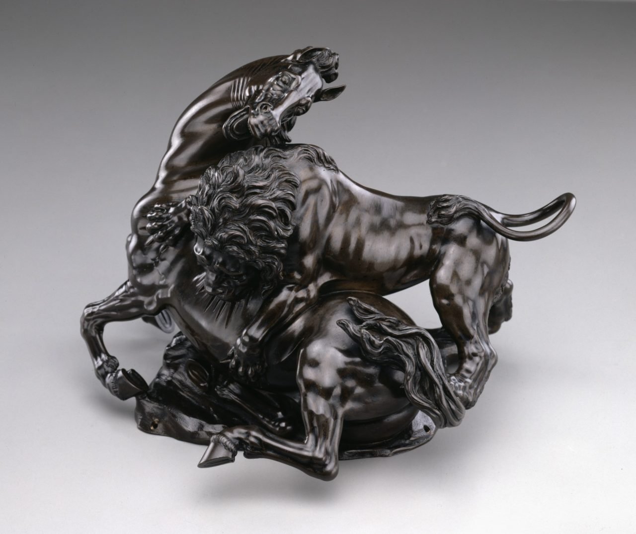 Antonio Susini, after Giambologna, Lion Attacking Horse, ca. 1580-90, bronze and red lacquer © Detroit Institute of Arts, Detroit